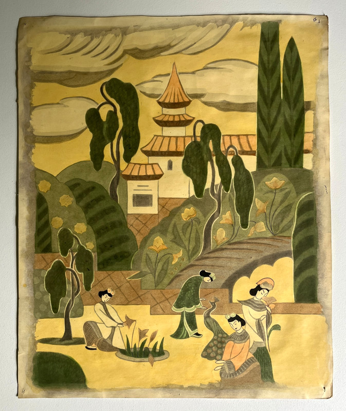 Antique Asian Landscape Watercolor Art Painting by Hazel Frazee, Chicago, IL