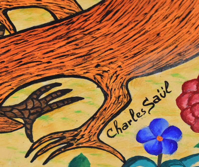 CHARLES SAUL-Haitian Folk Artist- Lrg Original Signed Acrylic-Birds and Wildlife gallery
