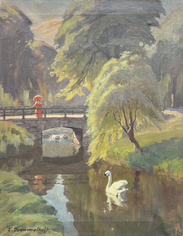 Impressionist Idyllic Park Scene Woman with Parasol Bridge River Swan gallery