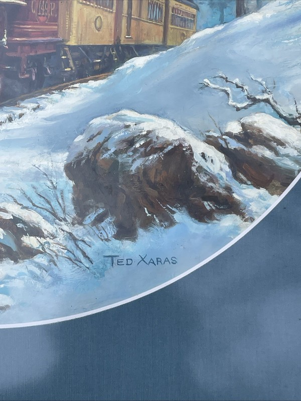 Ted Xaras Oil On Board Snowy Mountain Train Painting 25 1/2" X 25 1/2" gallery