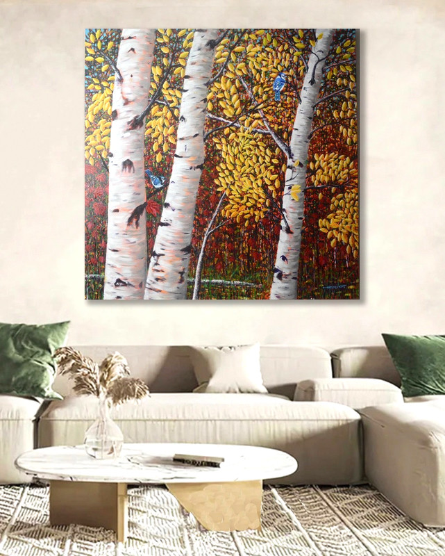GALLERY-WRAPPED HAND-PAINTED PAINTING 36″X36″X2″ ‘BIRCH JAYS’ by Steve Heriot
