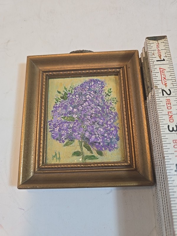 LOVELY FRAMED OIL ON BOARD PAINTING OF WHITE AND PURPLE LILACS SIGNED gallery