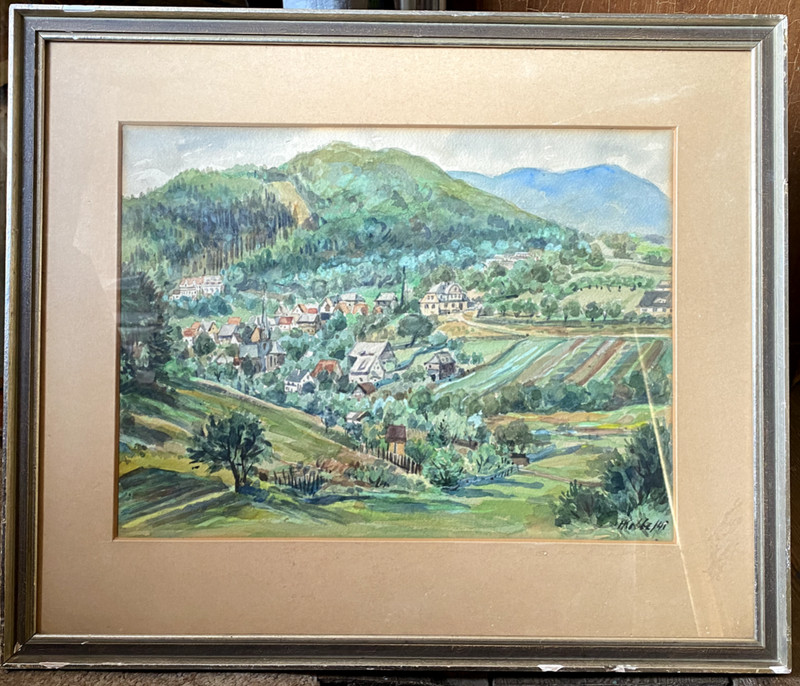 H. Kolbe 1941 Watercolor View into a Valley with Small Town Thuringia