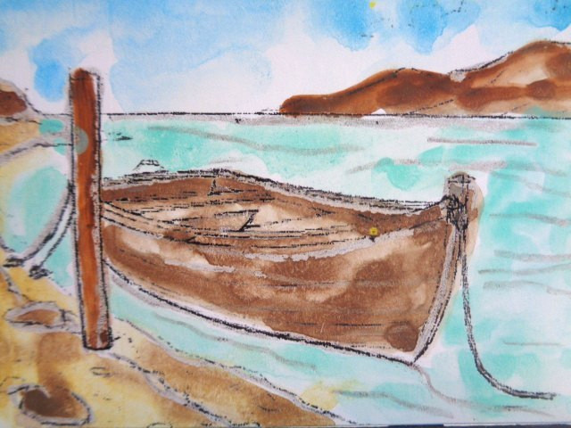 ACEO Tranquil MOUNTAINS BOAT ON LAKE RIVER LANDSCAPE Painting Art