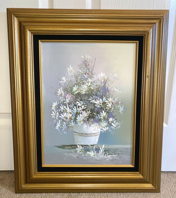 1970s Signed M Redon Framed Rose Basket Floral Still Life Oil Painting 23”X 18 gallery