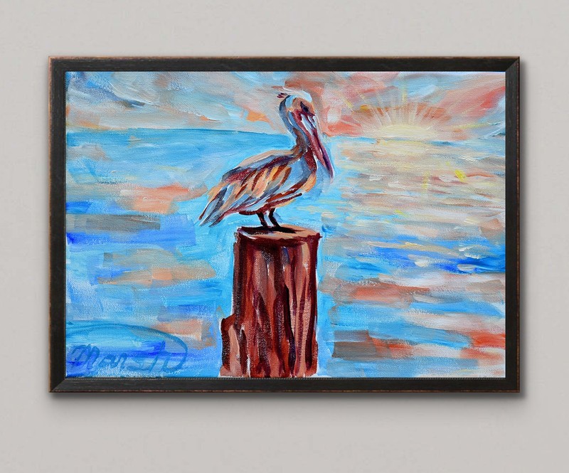 Original Abstract 11×14 Impressionist Pelican Painting Acrylic Canvas Signed
