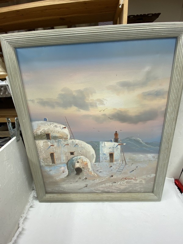 ORIGINAL SIGNED OIL BY MESCAL M– SOUTHWEST ADOBE SCENE-FRAMED