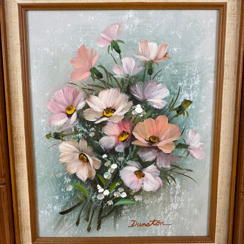 Vtg Dunston Floral Oil Painting Faux Bamboo Frame Flowers Cottagecore Art Boho gallery