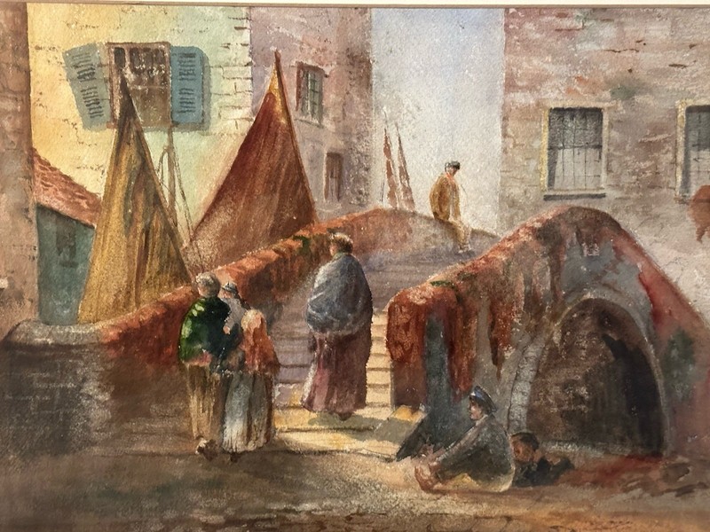 Fine Art Italian 19th Century Watercolor – Venice Canal Rug Market Framed