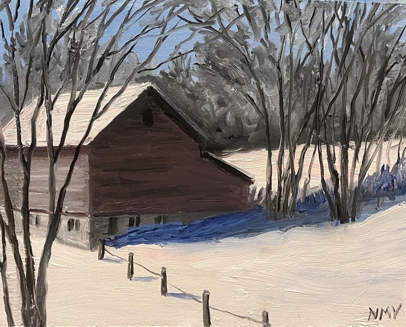 BRIGHT WINTER DAY OrigInal Oil Landscape Painting 10×8 IN. BARN FARM Wall Art