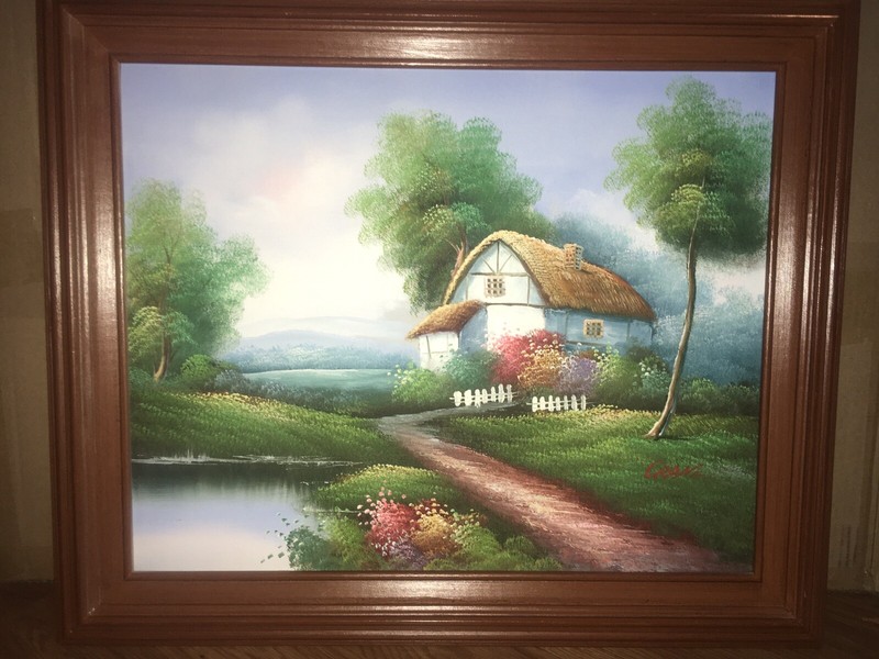 LARGE WOOD FRAMED PAINTING ON CANVAS COUNTRY SCENE 25 X 21 Inches