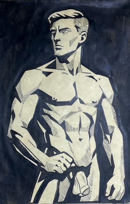 Male figure, Art Deco Style ink painting, nude, gay int