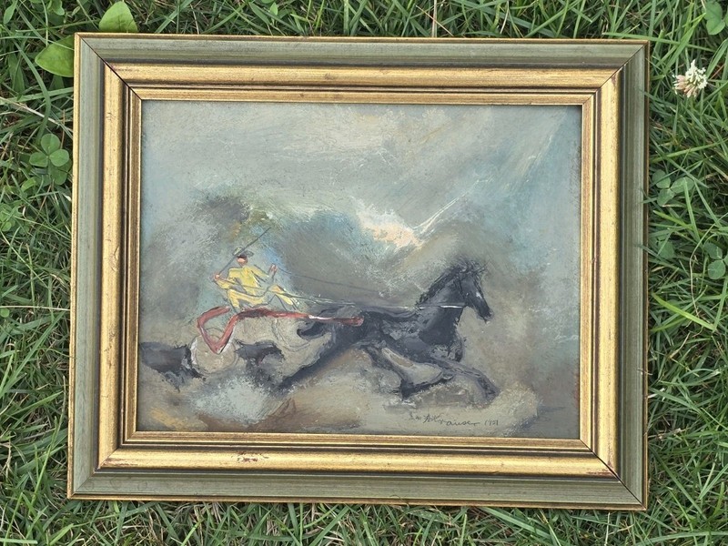 Vntg Framed Signed Sterling Strauser Folk Art Harness Racing Horse 1951 Painting