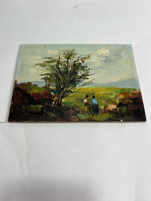 Oil Painting On Wood 2 Lovers In A Green Landscape Mid Century Vintage gallery