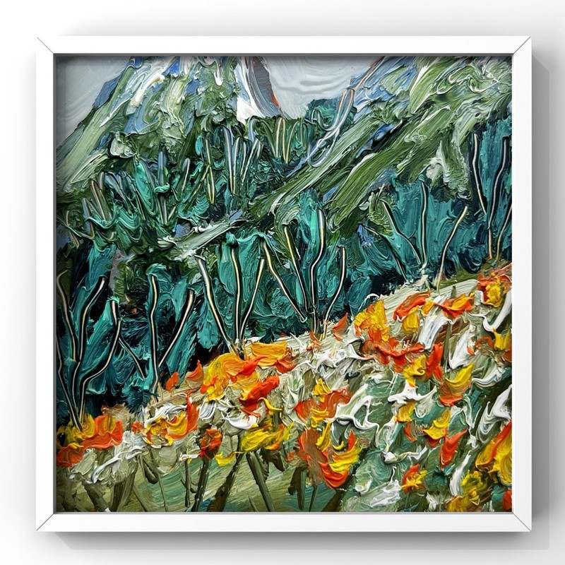 Swiss Alps Wildflower Meadow Painting Mountain Landscape Art for Living Room 4×4