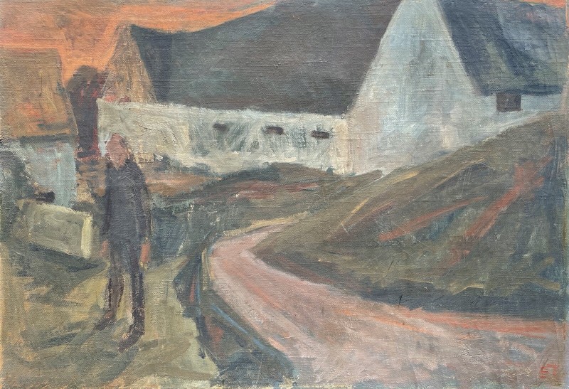 Modernist Ernst Trier 1920-1979 Evening Sky Village Landscape with Person 1945