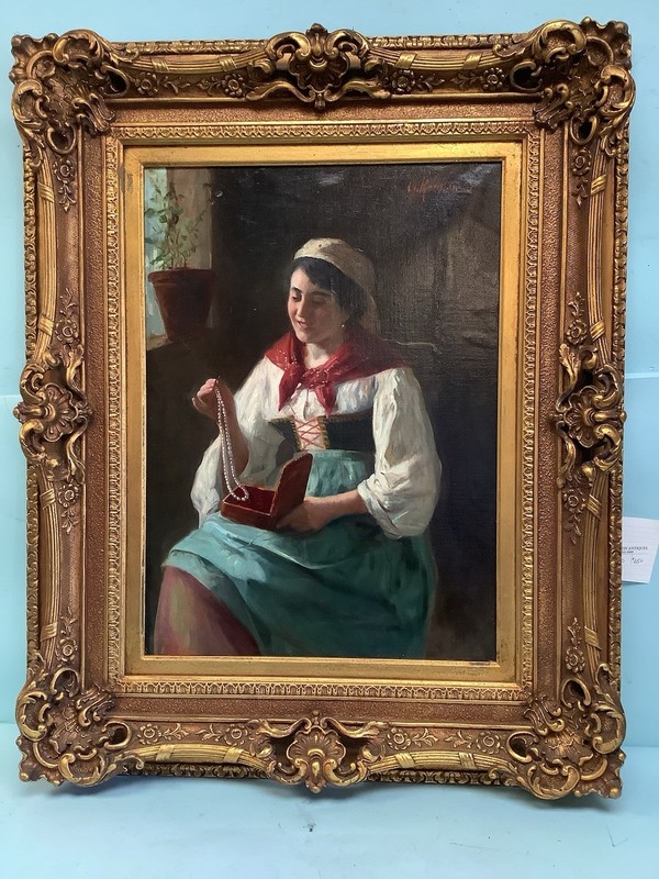Oil on Canvas “Young Woman Admiring Pearls” Signed, Gilt Frame 31 1/2”x25 1/2”