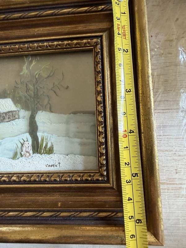 Vintage Reverse Painted Glass Winter Church Scene 3D Art Signed Carrie T Framed gallery