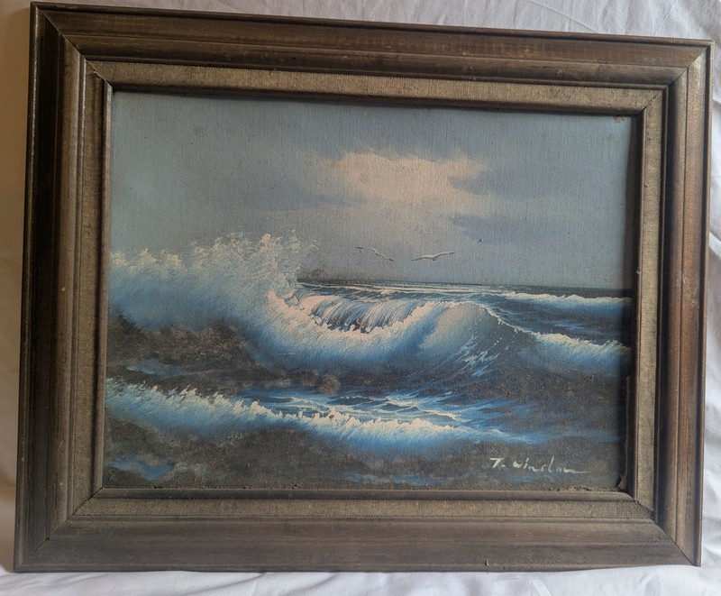 Vintage T Winslow Signed Seascape Oil Painting Crashing Wave Ocean Wood Frame 18