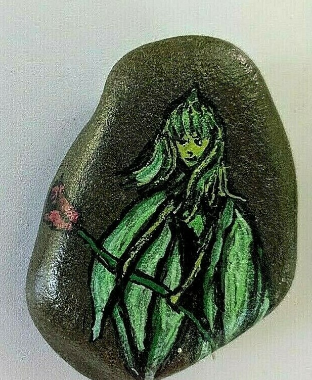 HAND PAINTED RIVER STONE ART «Green Fairy» by Yellow Paw Collectible Rocks