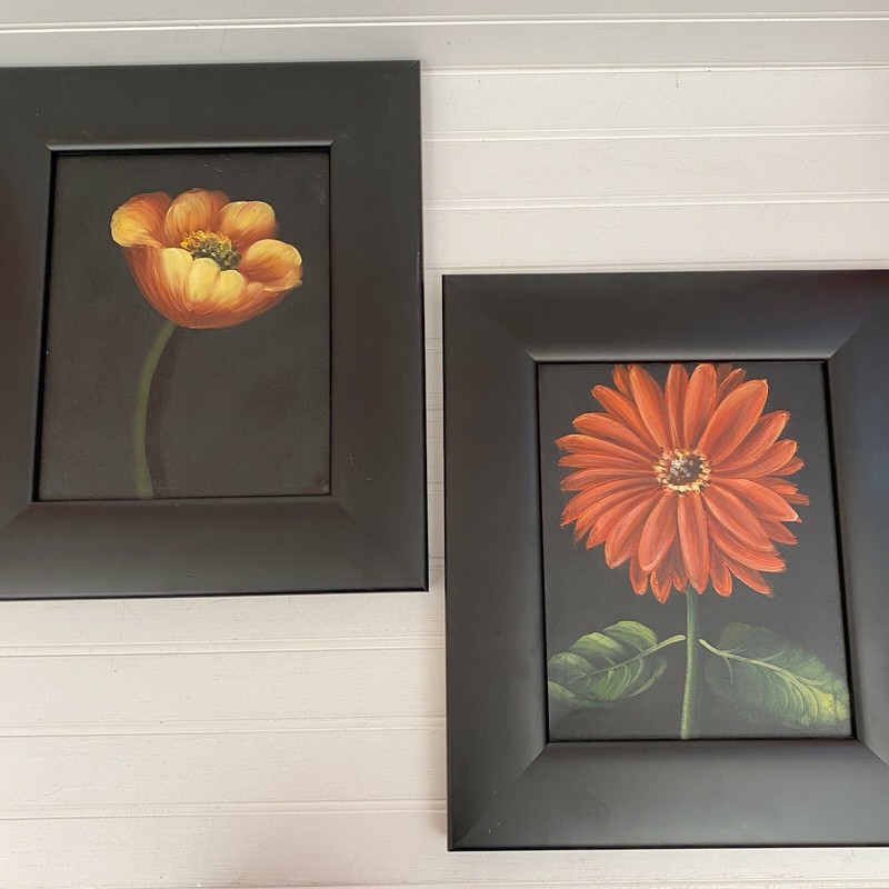 Pair Framed Acrylic Paintings Bright Flowers Black Canvas Black Frames 12 x 14