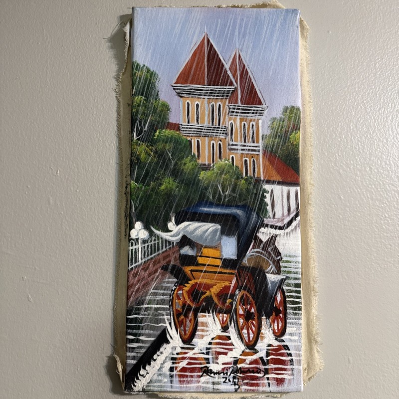 Original Ramon Rosario Ramirez Oil Painting Rain Scene Carriage 18×8