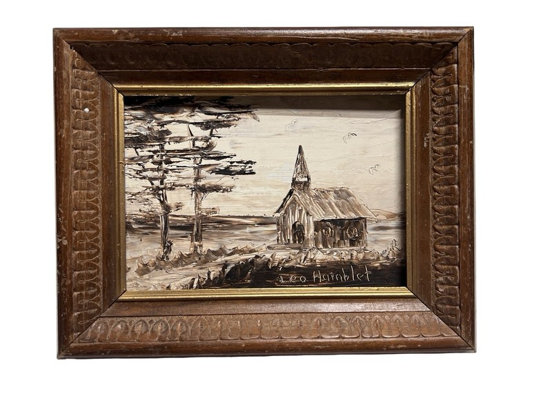 Vintage Small Signed Monochrome Church Framed Painting 9.5″x7.5″