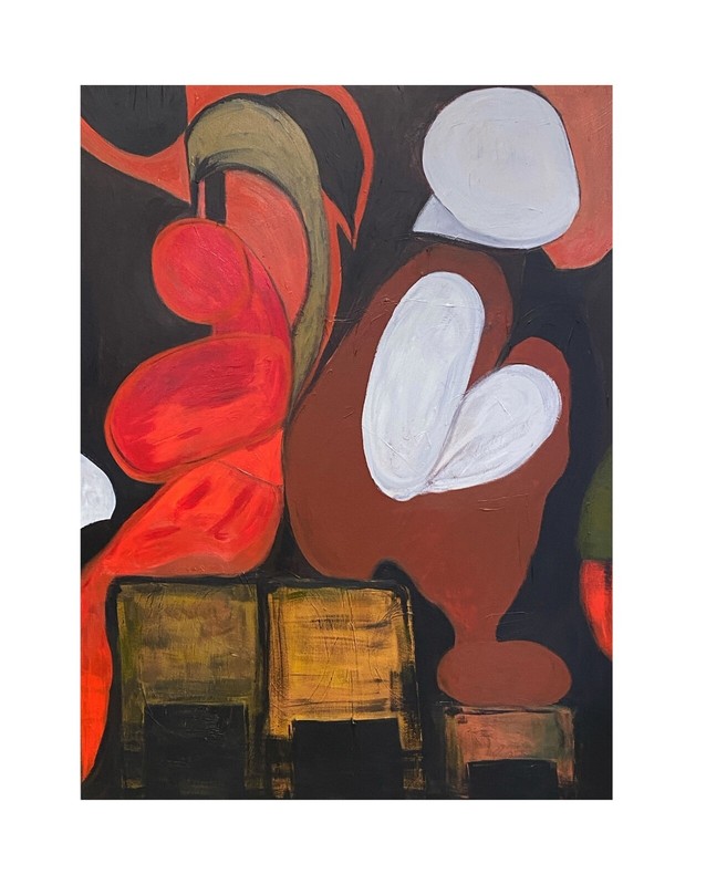 #6821 Acrylic on Canvas Abstract Signed YJR 48″ H «L’enceinte et les oiseaux «