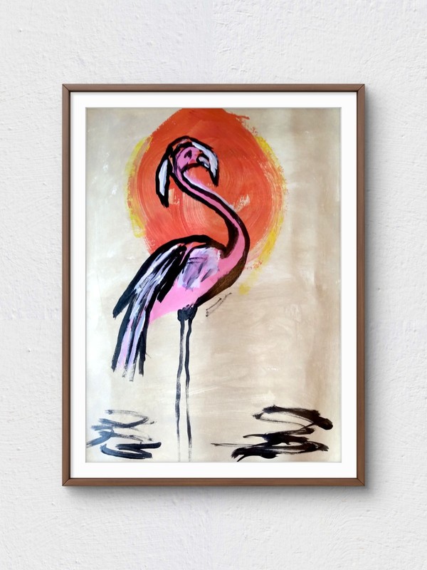Original 9×12 Impressionist Sun Flamingo Acrylic Painting Signed Wall Art Paper