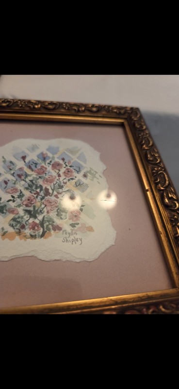 Vtg Goldtone Framed Watercolor Lattice Pink Blue Floral Unsigned Phyllis Shipley gallery