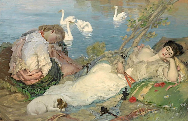 Nice Oil painting young women have a rest by the river landscape & swans dog 36″