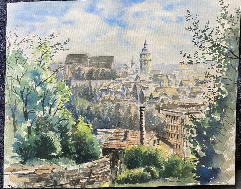 Aquarell Altstadt Kirche Turm Signiert Wer Kennt Den Ort? Süddeutsch Antik