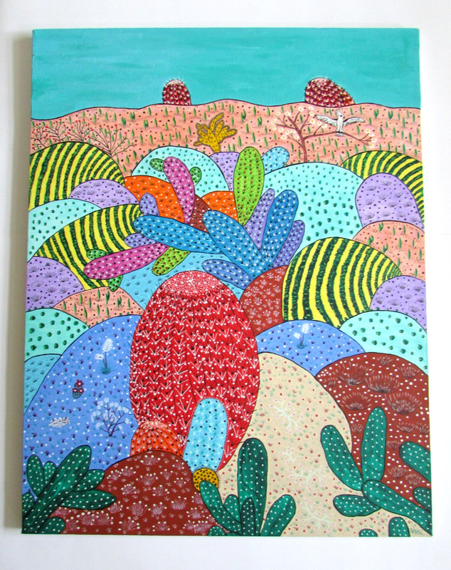 Olga Santa Fe Signed Southwest Folk Art Painting Giant Cactus
