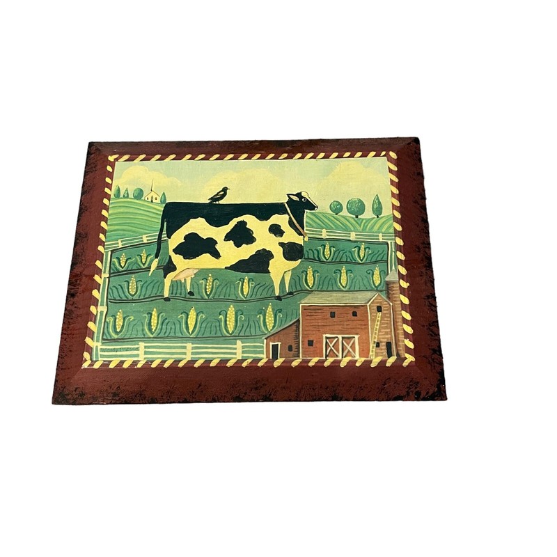 Wendy Presseisen Signed Art Farmhouse Wood Panel Painting Folk Cow Cottagecore gallery
