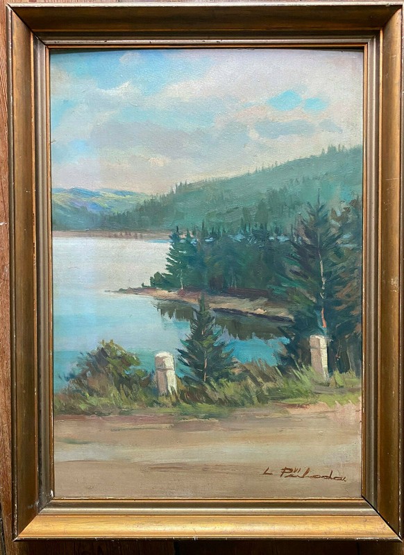 Oil painting view of a lake °ILLEGIBLE SIGNED PÜLADA ? FRAME ANTIQUE