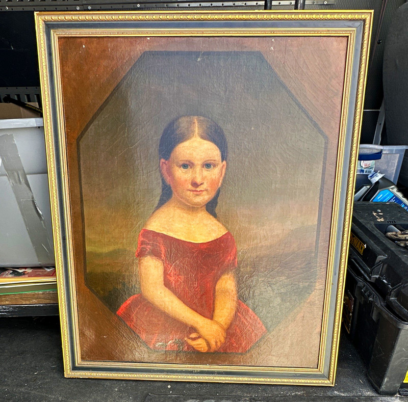 Framed Canvas Portrait Oil Painting Young Girl Child in Red Dress Ornate Frame e