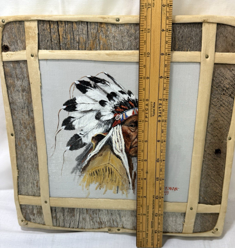 Orignal Painting Cheyenne Indian Chief Jack Datisman Wood Leather Frame 1978 gallery