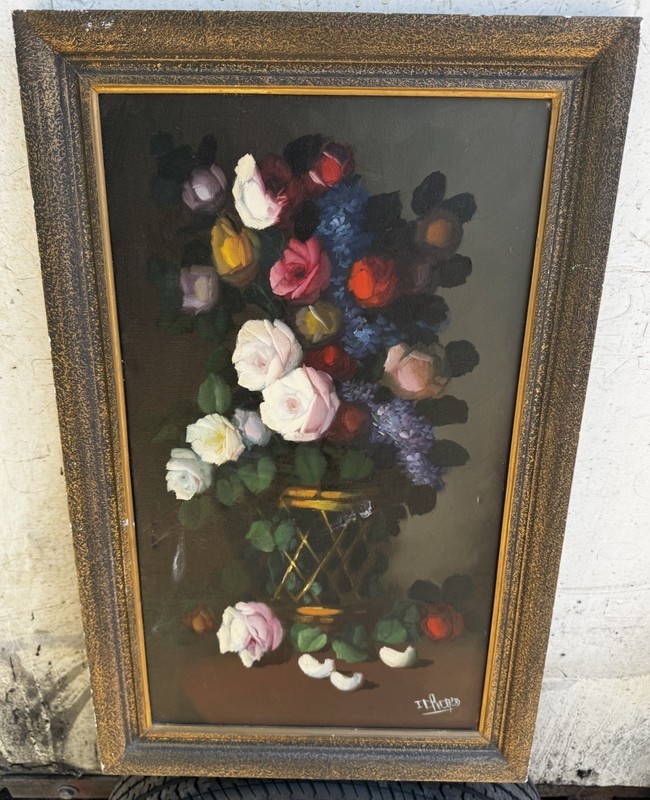 Vintage Oil on Canvas Sz 16” X 21.75” Signed Icpicpoo Wood Gold Frame Flowers