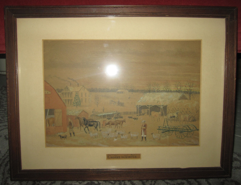 Antique framed art, Chores In Winter – painting / drawing signed Penfield, 1897