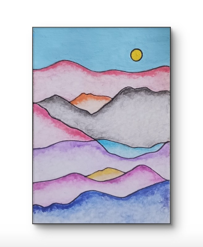 ACEO Original Colorful Mountains and Sun Abstract Acrylic & Pencil Charlene Slie