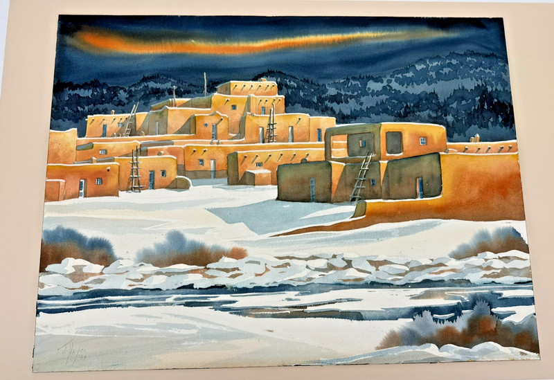 J. Hayes Original Watercolor Painting 1984 Taos Pueblo New Mexico Snow Landscape