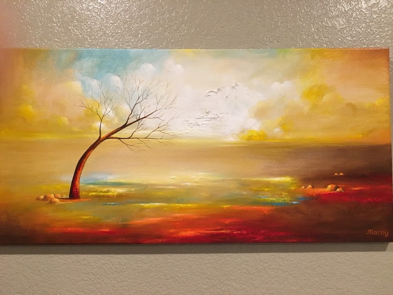 ORIGINAL YELLOW GOLD HAND PAINTED TREE LANDSCAPE ACRYLIC PAINTING ON CANVAS gallery