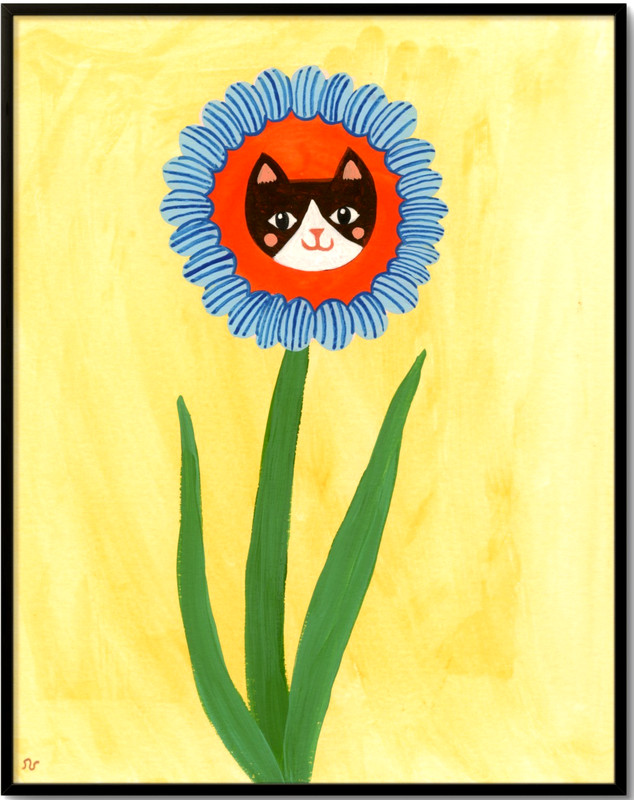 Tuxedo Cat Flower Creature Painting, Fantasy Cat Art 8×10