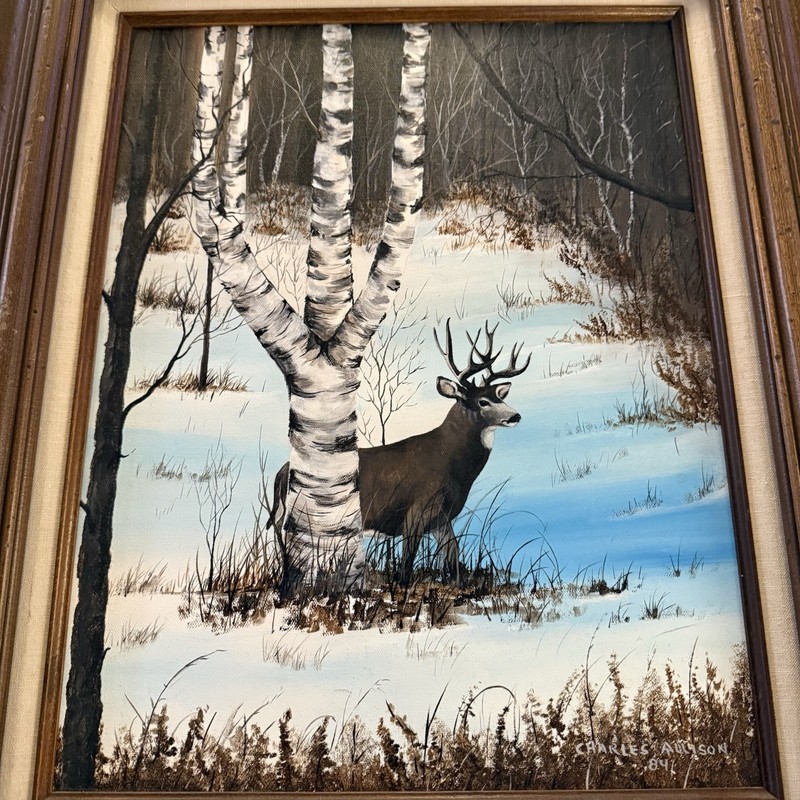 Vintage Oil Painting Deer 12 Point Buck by Charles Allis signed dated 1984