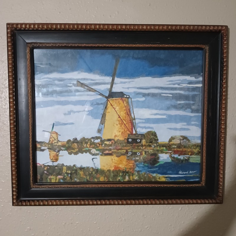 Missouri Artist Edward Fisher Multi Color Abstract Painting Windmill Off River