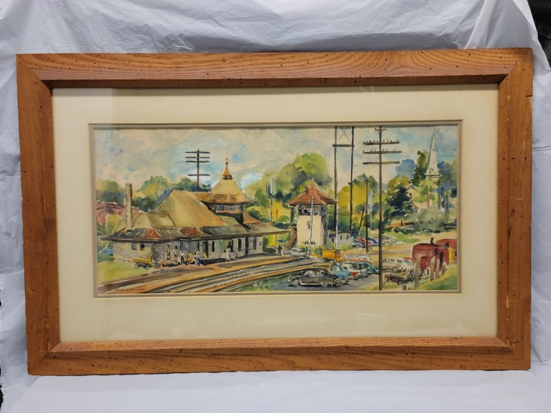 1950s Train Station Painting signed HELEN HUTCHINSON – Vintage 1950s Watercolor