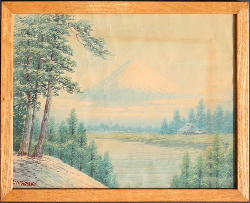 Mount Fuji Fujiyama vintage framed original watercolor painting by S. Mitsuhashi