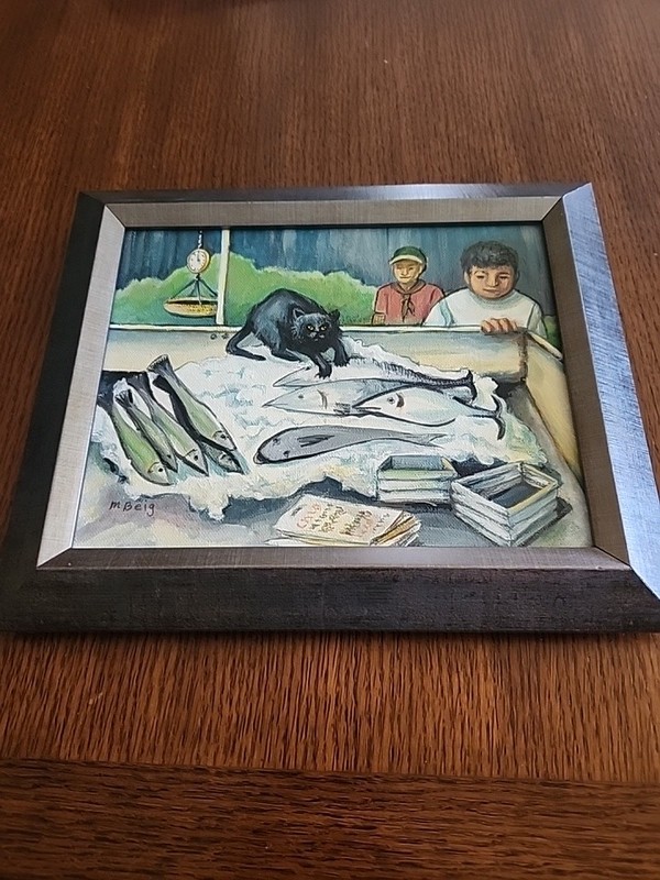 Vintage Framed Paint By Number Black Cat Stealing Fish Signed By Artist