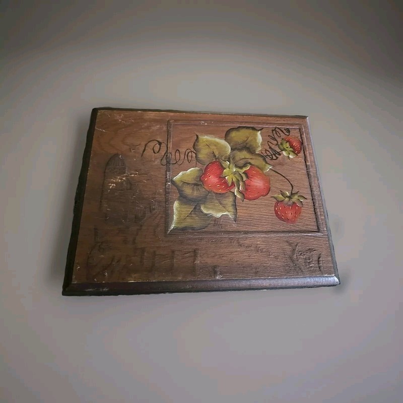 Folk Art Primitive Painting on Wood Strawberries And Embossed Farm