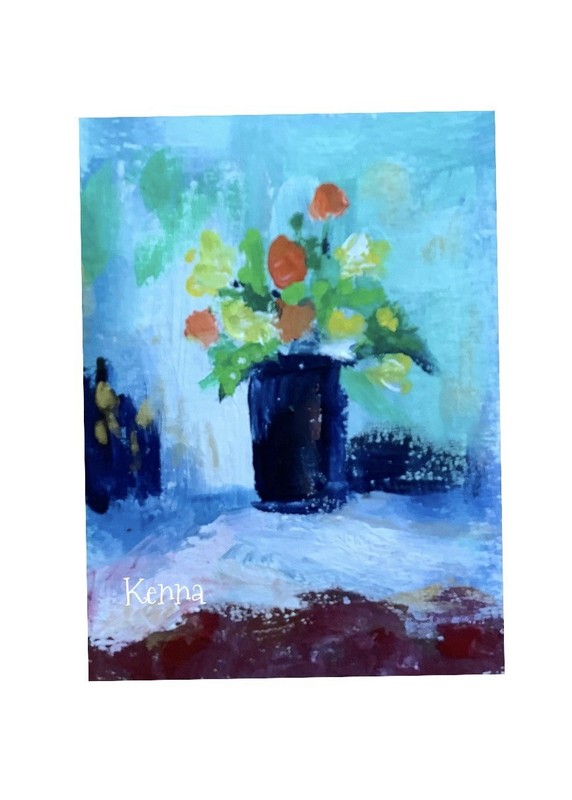 Aceo By Kenna Gouache Painting Vase Of Flowers 2.5” X 3.5 Signed Original
